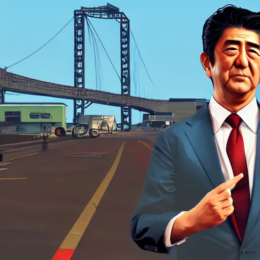 Image similar to Shinzo Abe in GTA V, cover art by stephen Bliss, artstation, no text