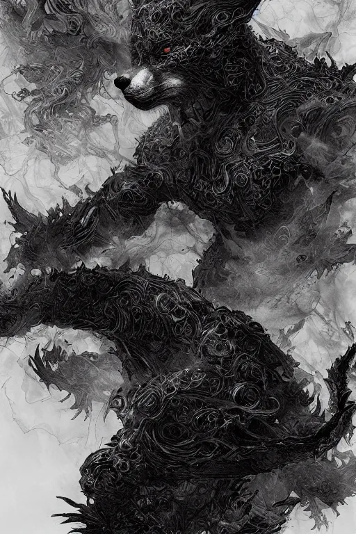 Image similar to portrait of a demon void fox in black suit surrounded by smoke fumes, pen and ink, intricate line drawings, by craig mullins, ruan jia, kentaro miura, greg rutkowski