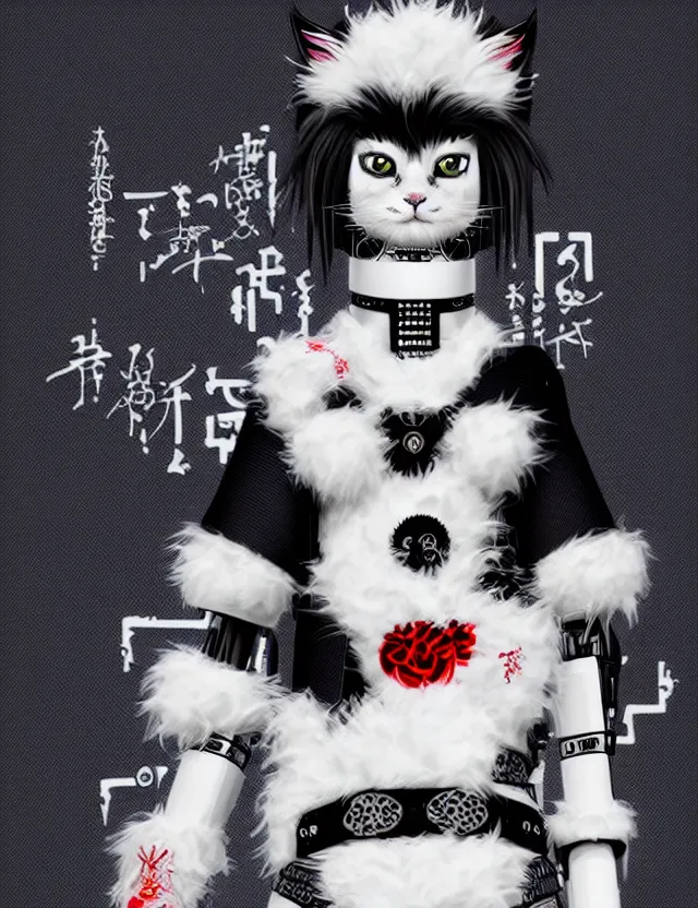 Image similar to full body portrait of a gothic style punk white fluffy cat robot with kanji tattoos and decals wearing a digital pixelated kimono, intricate design, photo - realistic, octane render, dark colour palette, ultra fine detailed, character design, trending on artstation