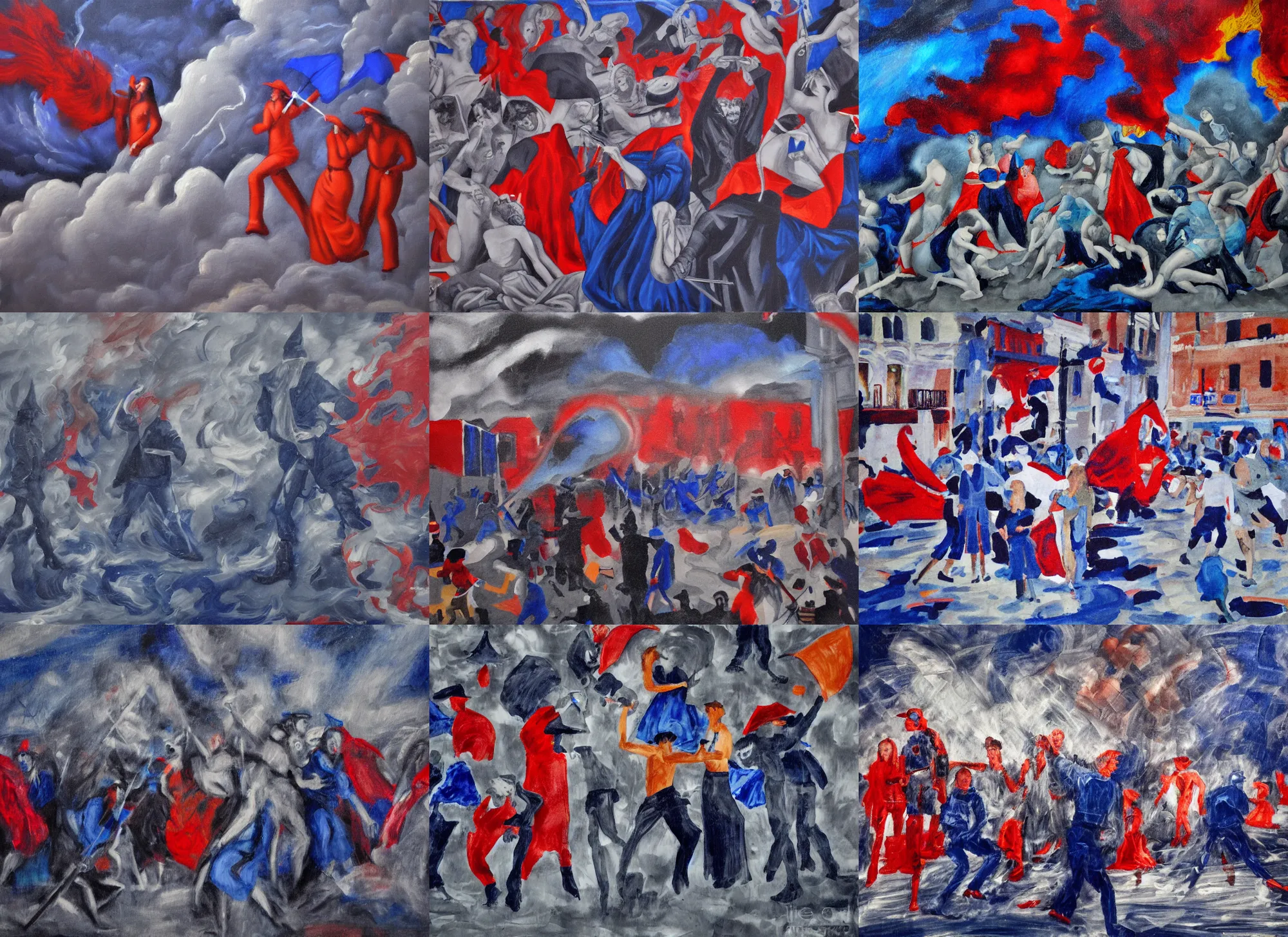 Prompt: fema wizards fighting a hurricane, telephoto, painting in luminist style, romanticist style, figurative art, crowds, sirens, flares, gritty, payne's grey, cobalt blue,, venetian red