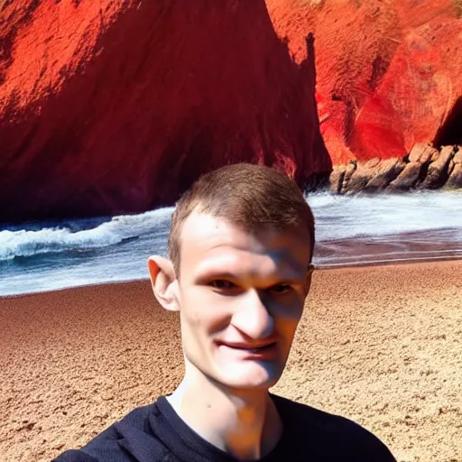 Image similar to vitalik buterin on a red beach taking a selfie