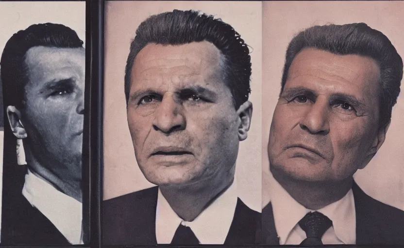 Prompt: 50s movie still close-up portrait of Josip Broz Tito and close-up portrait of Nicolae Ceaușescu, by Irving Penn , Cinestill 800t 35mm , heavy grainy picture, very detailed, high quality, 4k, HD criterion, precise texture,