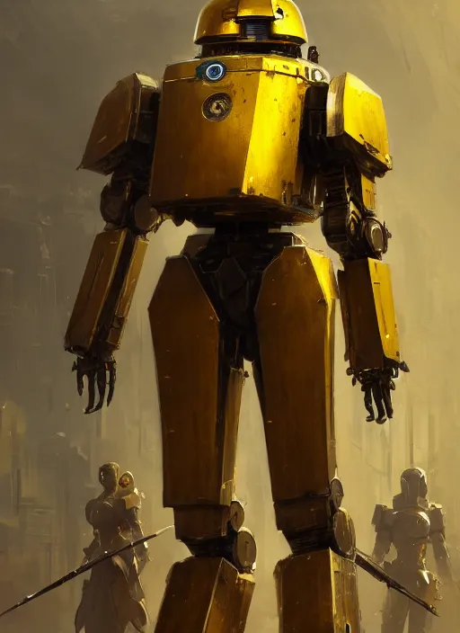 Image similar to human-sized strong intricate yellow pit droid carrying very detailed perfect antique great sword and beautiful large paladin shield, pancake short large head, exposed metal bones, painterly humanoid mecha, slightly far away, by Greg Rutkowski epic glorious trending on Artstation