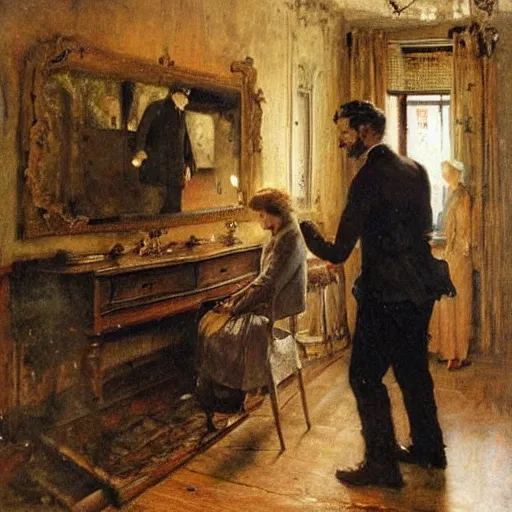 Image similar to a man and a woman solving an escape room puzzle alfred stevens