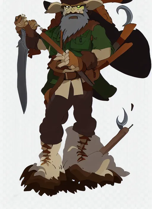 Image similar to bugbear ranger, black beard, dungeons and dragons, hunters gear, flames, character design on white background, by studio ghibli, makoto shinkai