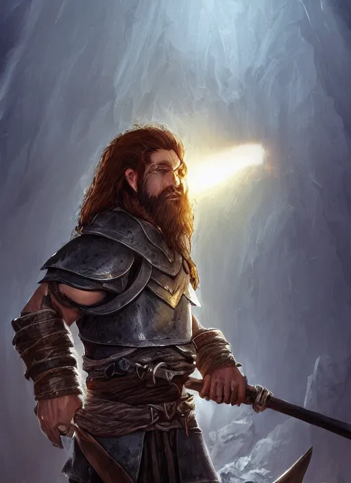 Image similar to blacksmith with hammer ultra detailed fantasy, elden ring, realistic, dnd character portrait, full body, dnd, rpg, lotr game design fanart by concept art, behance hd, artstation, deviantart, global illumination radiating a glowing aura global illumination ray tracing hdr render in unreal engine 5