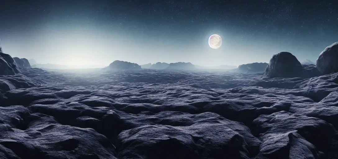 Image similar to uhd, filmic lighting, cinematic art shot, hyperrealistic, hyperdetailed, super detailed, 8 k, high resolution, moon landscape, white rocks made of bone, 8 k uhd matte painting, mega high white mountain, midnight