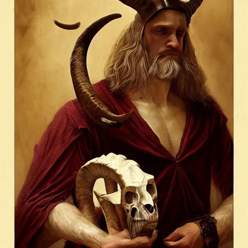 Image similar to man with goat horns holding an animal skull, style of da vinci, fantasy illustration, by greg rutkowski