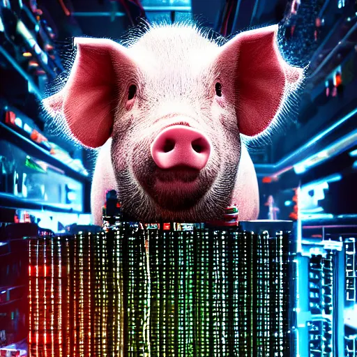 Image similar to a portrait photograph of a big aggressive male cyberpunk pig, circuit boards, motherboard, mainboard, wires, cable management, electrical wires, activity lights, cyberpunk, artstation, detail, hyperrealistic, digital photograph, natural light canon eos c 3 0 0, ƒ 1. 8, 3 5 mm, 8 k