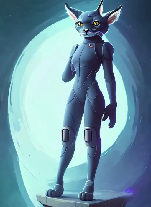 Image similar to wide angle beautiful full body portrait of a strong female anthropomorphic anthro lynx fursona wearing a futuristic space suit, paw pads instead of feet, character design by alena aenami, disney, anime, manga, charlie bowater, ross tran, artgerm, and makoto shinkai, furaffinity, detailed, soft lighting, rendered in octane