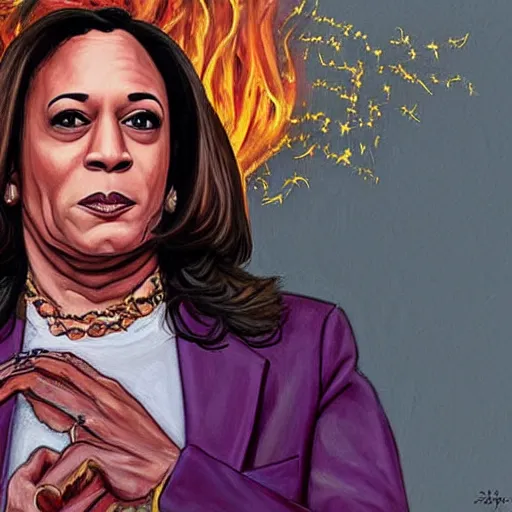 Image similar to breathtaking detailed art portrait painting of kamala harris as a evil witch casting fire spell on the whitehouse
