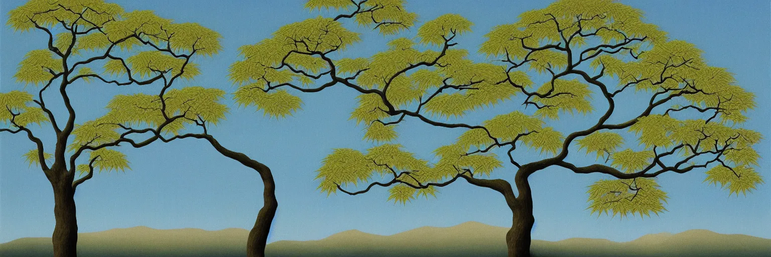 Prompt: crane japanese maple tree painting magritte