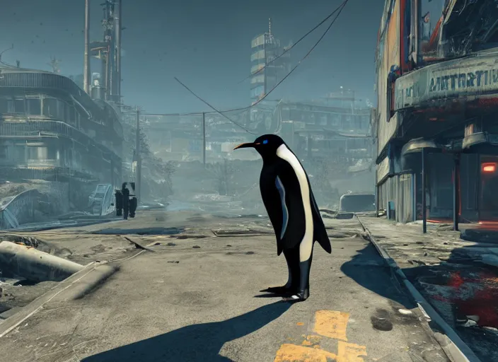 Image similar to cyber penguin in fallout 4, claws, horror scene, artgerm, rutkowski, tooth wu, beeple, and intricate