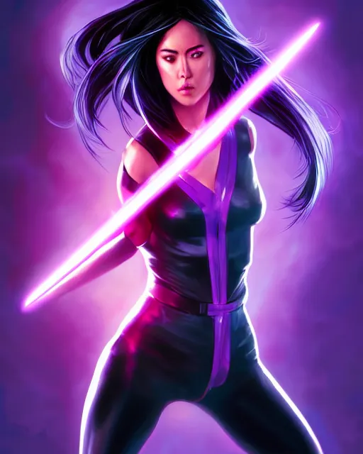 Image similar to Psylocke, Chloe Bennet, long black hair, purple Halo energy sword, realistic character concept, action pose, comic book, illustration, slender symmetrical face and body, artstation, cinematic lighting, hyperdetailed, artgerm, 8k, Rafeal Albuquerque comic book art, single face, insanely detailed and intricate, beautiful