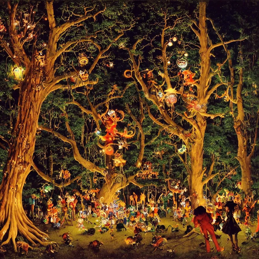 Prompt: a night carnival around a magical tree cavity, with a surreal orange moonlight and fireworks in the background, next to a lake with iridiscent water, christmas lights, folklore animals and people disguised as fantastic creatures in a magical forest by summer night, masterpiece painted by norman rockwell, frank frazetta, and syd mead, dark night environment