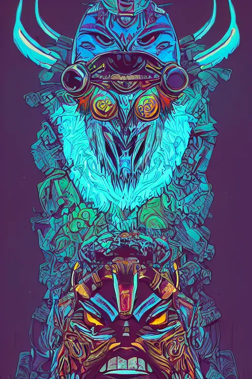 Image similar to totem animal mask tribal feather gemstone plant wood rock shaman vodoo video game vector illustration vivid multicolor borderlands comics by josan gonzales and dan mumford radiating a glowing aura