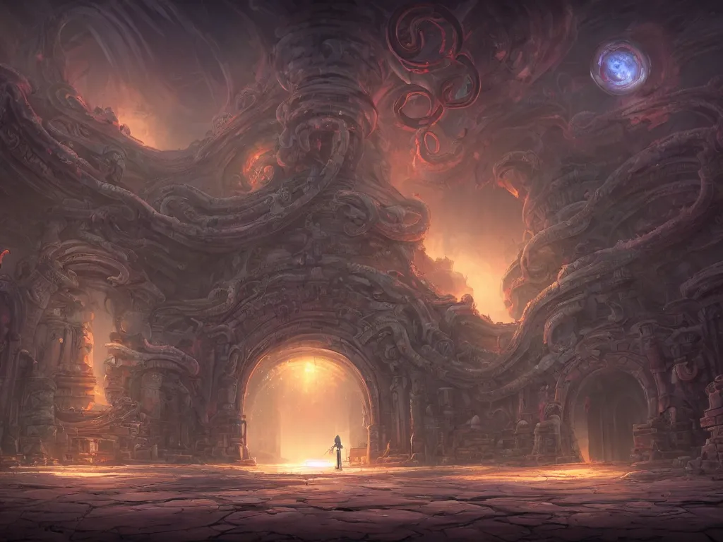 Prompt: A picture of a mysterious ancient temple with tentacles coming out of the massive entrance art by Jordan Grimmer and Tyler Edlin, ominous, cosmic horror, 4k
