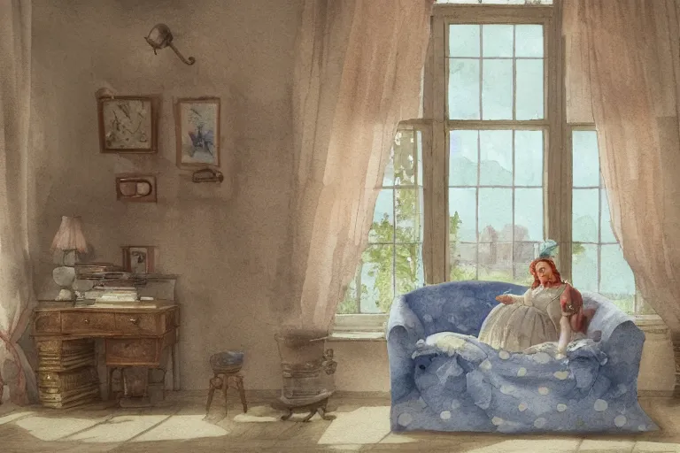 Image similar to charming and chubby fish female, wearing a polka dot cloths and a victorian - style hairdo, lye on the fancy sofa, in the large and bright studio. sunlight enters through the barred window. delicate watercolor and pencil on canvas. beautiful lighting, 4 k post - processing, highly detailed, 5 k extremely detailed, 3 d. cinematic scene.