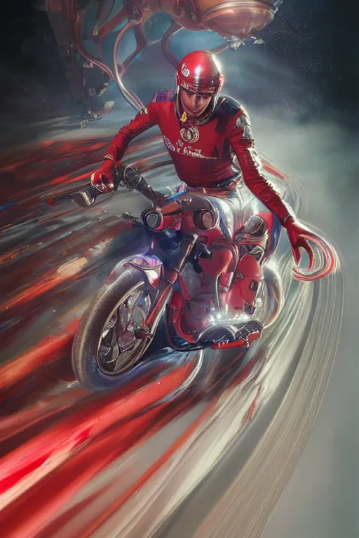 Image similar to Speed Racer, realistic and ultra intricate detailed soft painting, volumetric lighting, mist, chains and red fluid background, artstation, Tom Bagshaw Yasushi Nirasawa Moebius artstyle, unreal render, depth of field