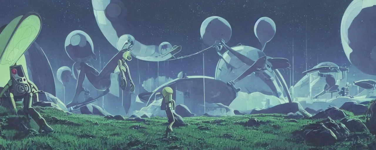 Prompt: a man on field spaceship station landing laying outer worlds in FANTASTIC PLANET La planète sauvage animation by René Laloux