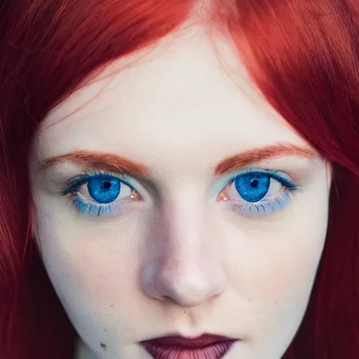 Prompt: a pale girl with piercing blue eyes and dyed wine red hair, soft facial features, looking directly at the camera, head shot, instagram picture