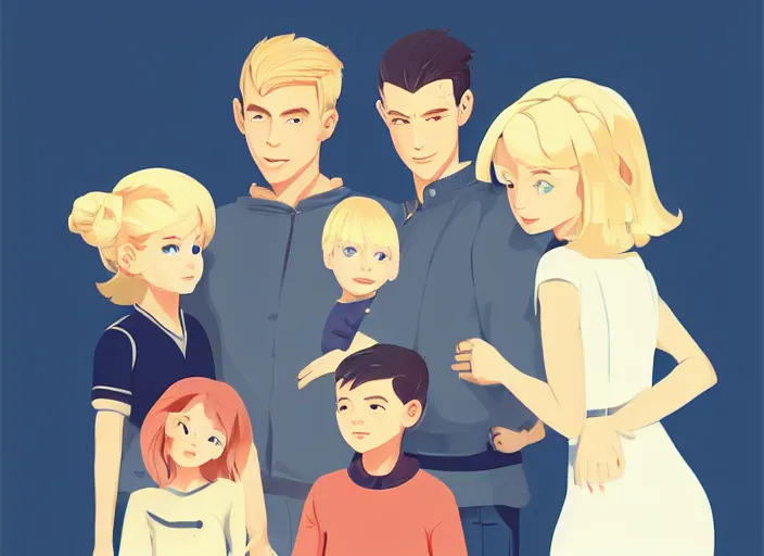 Image similar to a family. a mother, a father, and two children, all with blonde hair. clean cel shaded vector art. shutterstock. behance hd by lois van baarle, artgerm, helen huang, by makoto shinkai and ilya kuvshinov, rossdraws, illustration, art by ilya kuvshinov