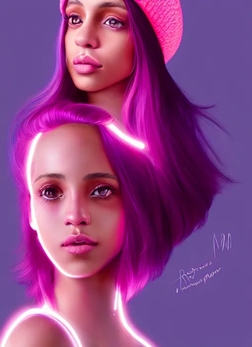 Image similar to portrait of teenage vanessa morgan with bright pink hair, vanessa morgan, curly pixie cut hair, wearing a purple breton cap, breton cap, hoop earrings, intricate, elegant, glowing lights, highly detailed, digital painting, artstation, concept art, smooth, sharp focus, illustration, art by wlop, mars ravelo and greg rutkowski