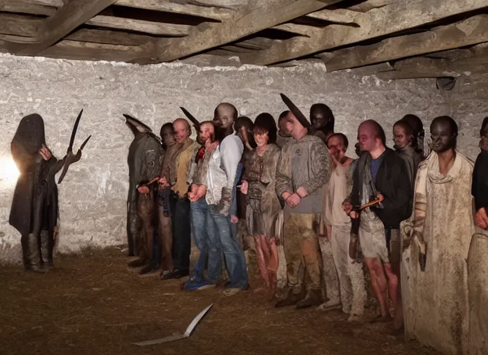 Prompt: photo of a queue of many cultists in a barn in front of a sacrificial altar with the head cultist hilding a ceremony knife in the center