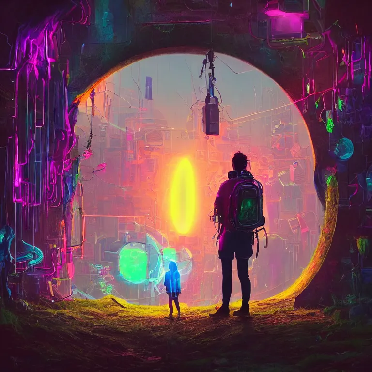 Prompt: A man wearing a backpack, looking through a portal, a vibrant world through the portal, bass music, rave, music festival, speakers, techno, cyberpunk, Detailed digital matte painting in the style of simon stalenhag, artstation, psychedelic