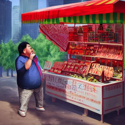 Prompt: In front of a watermelon stall near the street, a pockmarked Chinese fat guy, with a cigarette in his mouth, looked at you contemptuously,digital art,trending on artstation.