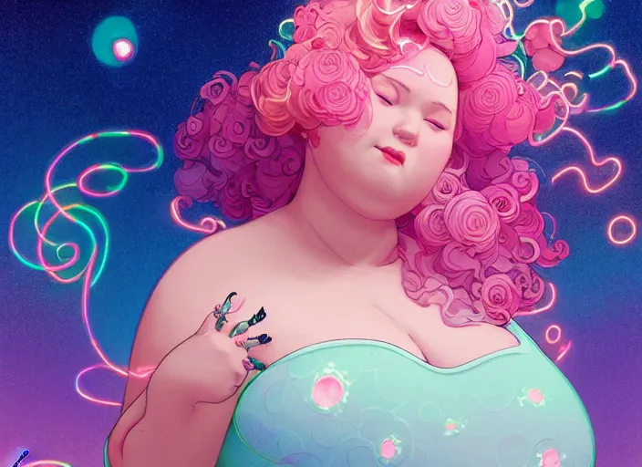 Prompt: harmony of cute chubby woman with curly pink hair, she has a rose quartz on her belly button, she wears a white dress, neon stars, glowing line - art, by wlop, james jean, victo ngai! muted colors, highly detailed, fantasy art by craig mullins, thomas kinkade cfg _ scale 8