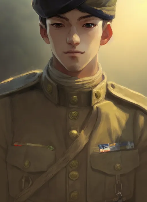 Prompt: a portrait of a male young soldier, intricate, tone mapped, ambient lighting, highly detailed, digital painting, artstation, concept art, 4 k, stunning beautiful, sharp focus, by makoto shinkai and akihiko yoshida and hidari and wlop