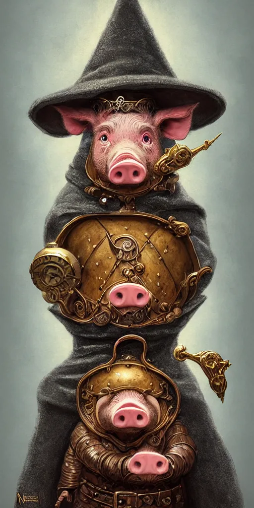 Image similar to rpg! profile!!! portrait of humanoid pig on white background, wizard hat, wizard cloak, surreal, vintage doll, intricate, highly detailed, digital painting, artstation, concept art, smooth, sharp focus, illustration, art by norman rockwell emiliano ponzi andrey remnev yoann lossel aaron jasinski, 8 k