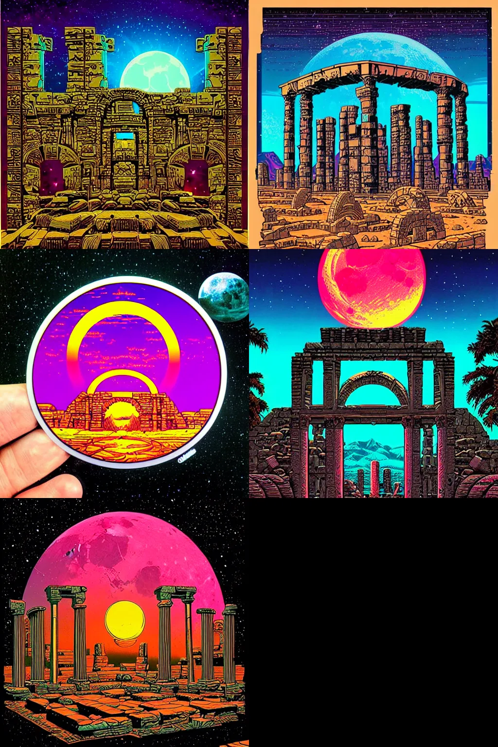 Prompt: ancient ruins, synthwave, moon, stargate, die cut sticker art by Dan Mumford and by Michael Whelan