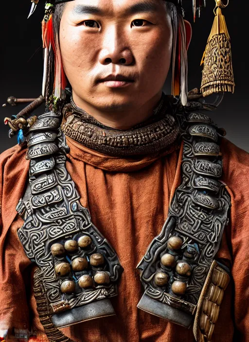 Image similar to tai warlord closeup portrait, historical, ethnic group, traditional tai costume, bronze headset, leather armor, fantasy, intricate with big agate beads and dong son bronze artifacts cross onbare chest, elegant, loin cloth, highly detailed oil painting
