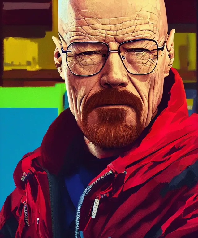 Image similar to a portrait of walter white in a colorful environment in a painting from stalenhag, 4 k, 8 k, hdr, artstation