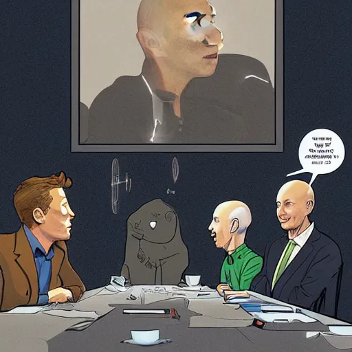 Image similar to cell shaded illustration of a meeting between elon musk, mark zuckerberg, jeff bezos, very detailled, art contest winner on behance, trendy on deviant art, by by artgem, greg rutkowski, by herge