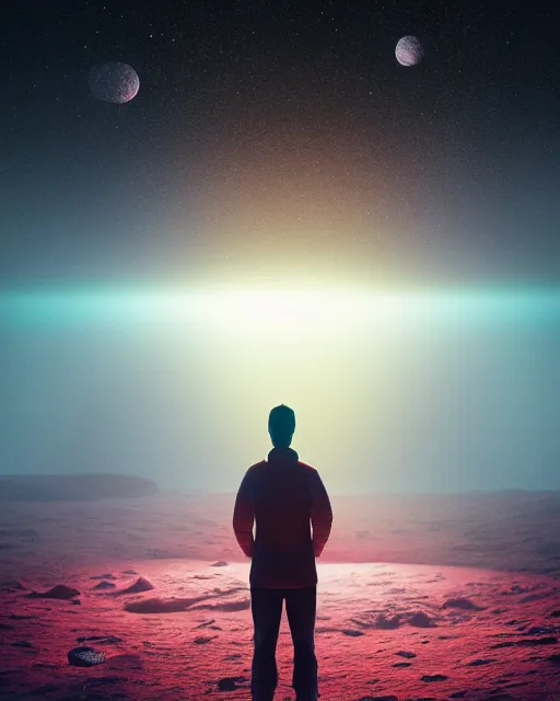 Image similar to a person standing in front of a glowy open door that's on a barren moon, poster art by mike winkelmann, trending on cg society, space art, sci - fi, ue 5, futuristic, volumetric lighting, light casting onto the ground, neat composition and camera angle