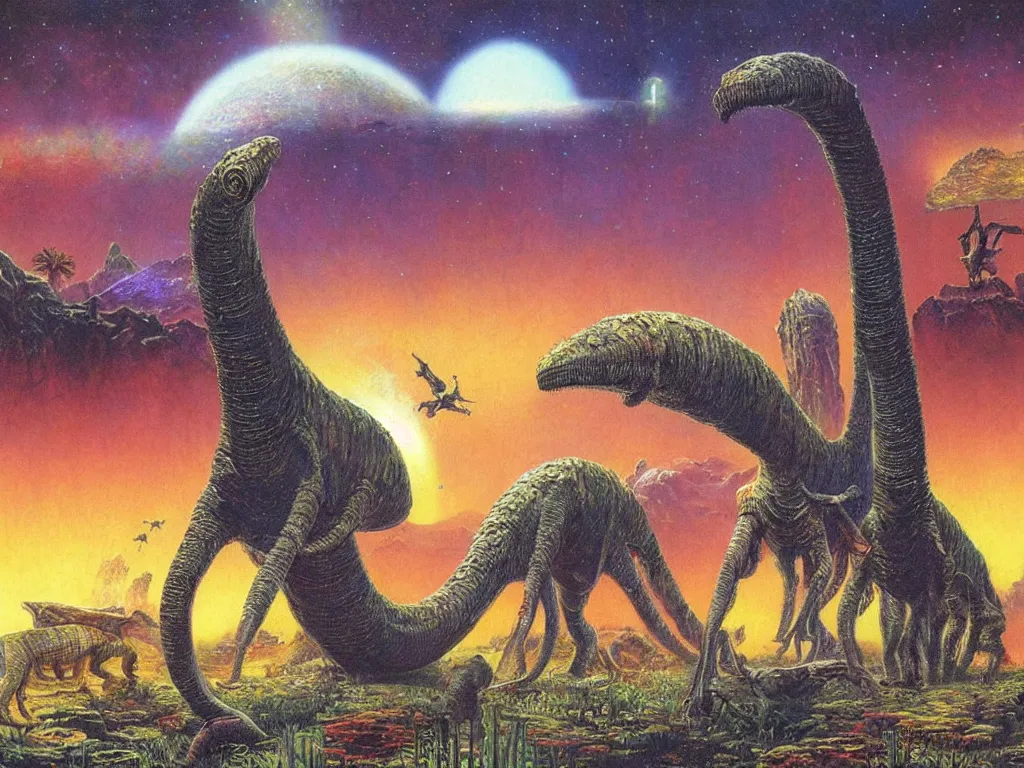 Image similar to no mans sky, acid, by bob eggleton, diplodocus