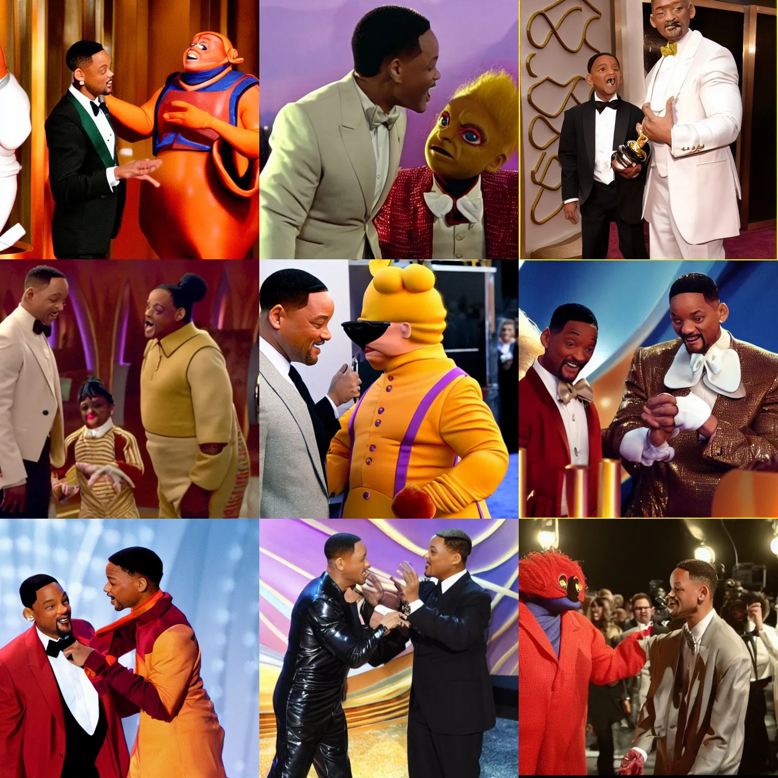 Prompt: will smith slapping an oompa loompa at the oscar's into a different dimension