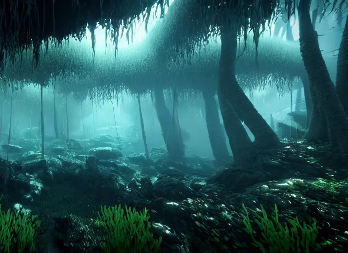 Image similar to a forest that grows upside down entirely underwater. Intricate. Very detailed 8k. Fantasy horror. Sharp. Cinematic post-processing. Unreal engine. Nanite. Ray tracing. Parallax. Tessellation