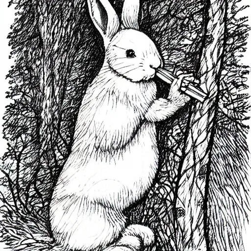 Image similar to precisely drawn, fine detailed, intense line work, drawing of a white bunny smoking a big cigarette in the deep tangled forest, by edward gorey, by gustav dore, black ink on white paper