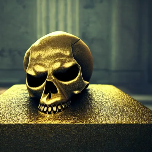 Image similar to medium shot of a skull made of solid gold sits on an abandoned gravestone, beautiful detailed intricate insanely detailed octane render, 8k artistic photography, photorealistic, unreal engine