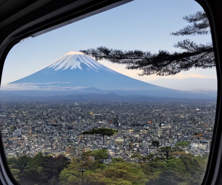 Image similar to a photo of mount fuji, among beautiful japanese landscapes, seen from a window of a train. dramatic lighting.