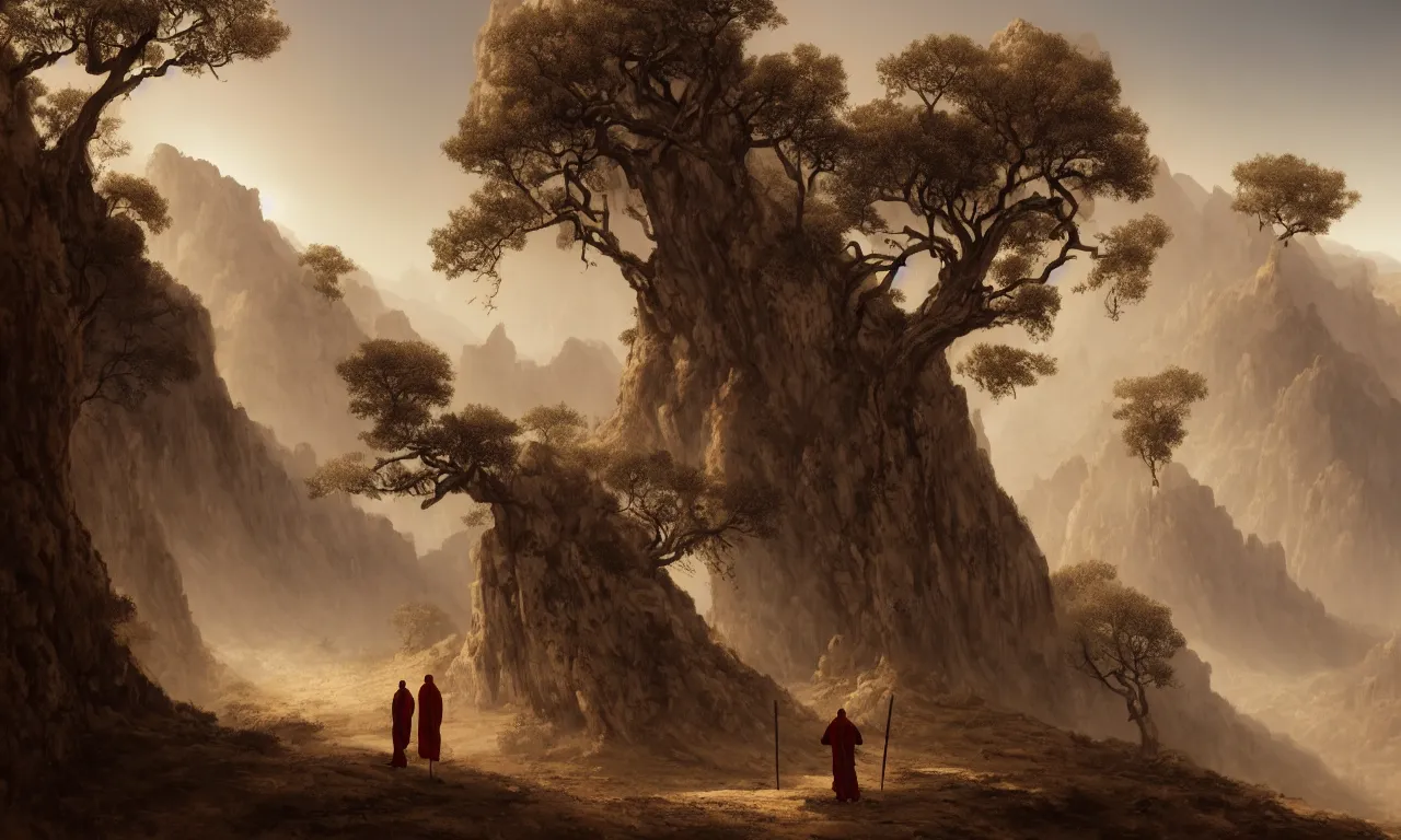 Image similar to one lonely taoist monk walking with a stick and a long red robe blown by the dusty wind through mountainous canyons, a few wretched dry trees hanging, lit by the light of the sunset, glimmer of the horizon in the far distance, a place abandoned by gods, hyperdetailed artstation cgsociety by greg rutkowski and by Gustave Dore
