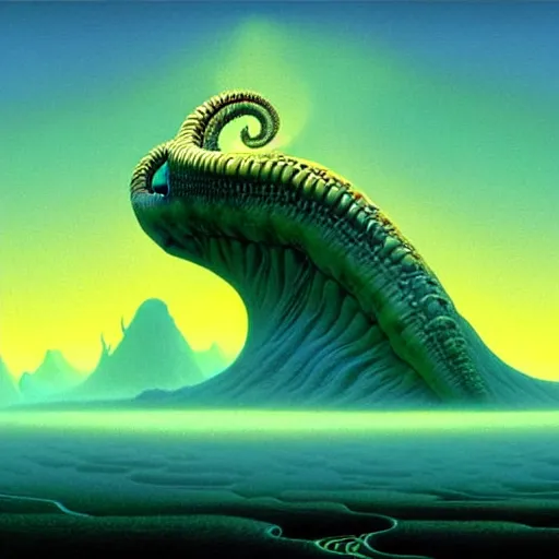 Image similar to highly detailed fantasy art of an alien cephalopod creature in a surreal landscape filled with mountains and mist, diffuse lighting by roger dean, kilian eng, mœbius