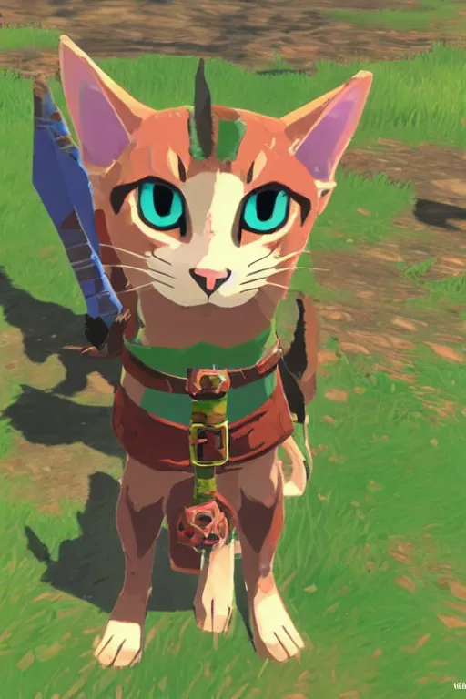 Image similar to in game footage of a cat from the legend of zelda breath of the wild, breath of the wild art style.