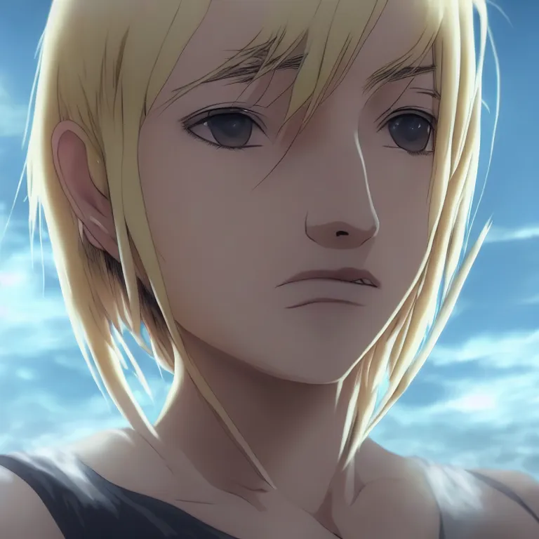 Image similar to picture of beautiful annie leonhart, anime screenshot, hyper realistic, pale skin, 4 k, rule of thirds, extreme detail, detailed drawing, trending artstation, hd, fantasy, realistic lighting, sharp focus, backlit