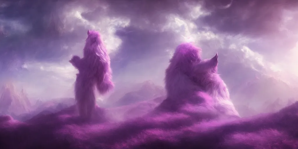 Prompt: a photo of white fur monster standing in a purple room, vivd color, detailed, cinematic landscape, atmospheric lightintg, colorfull sky, dynamic angle, good composition, fantasy world, upon the clouds, trending on artstation art by thomas moran