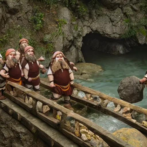 Prompt: a group of dwarves cross a dangerous bridge over an underground river